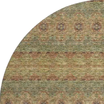 8' Green And Copper Floral Medallion Washable Round Rug With UV Protection