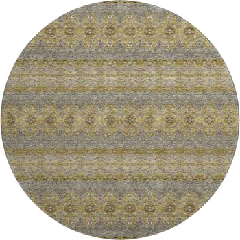 8' Gold Blue And Ivory Floral Medallion Washable Round Rug With UV Protection