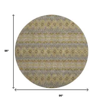 8' Gold Blue And Ivory Floral Medallion Washable Round Rug With UV Protection