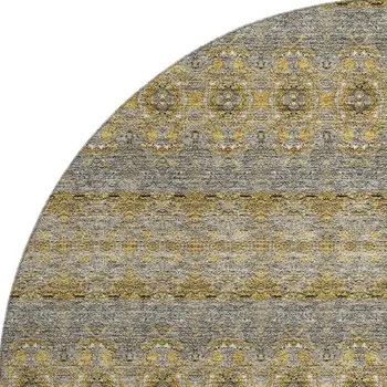 8' Gold Blue And Ivory Floral Medallion Washable Round Rug With UV Protection