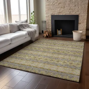 10' X 14' Gold Blue And Ivory Floral Medallion Washable Area Rug With UV Protection