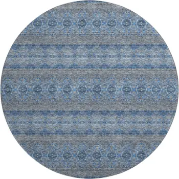 8' Navy Blue Gray And Ivory Floral Medallion Washable Round Rug With UV Protection