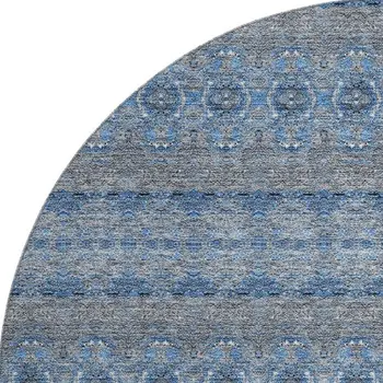 8' Navy Blue Gray And Ivory Floral Medallion Washable Round Rug With UV Protection