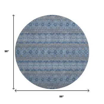 8' Navy Blue Gray And Ivory Floral Medallion Washable Round Rug With UV Protection