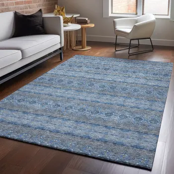 8' X 10' Navy Blue Gray And Ivory Floral Medallion Washable Area Rug With UV Protection