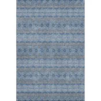 8' X 10' Navy Blue Gray And Ivory Floral Medallion Washable Area Rug With UV Protection