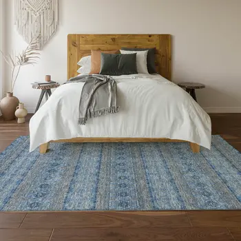 8' X 10' Navy Blue Gray And Ivory Floral Medallion Washable Area Rug With UV Protection