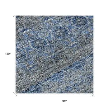 8' X 10' Navy Blue Gray And Ivory Floral Medallion Washable Area Rug With UV Protection