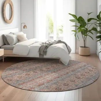 8' Chili Red Gray And Ivory Floral Medallion Washable Round Rug With UV Protection