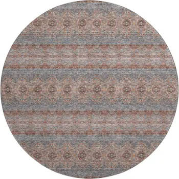 8' Chili Red Gray And Ivory Floral Medallion Washable Round Rug With UV Protection