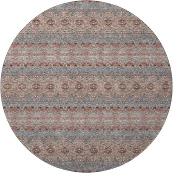 8' Chili Red Gray And Ivory Floral Medallion Washable Round Rug With UV Protection