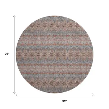 8' Chili Red Gray And Ivory Floral Medallion Washable Round Rug With UV Protection