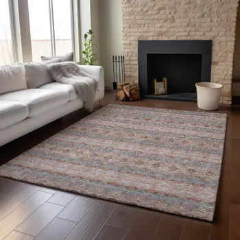9' X 12' Chili Red Gray And Ivory Floral Medallion Washable Area Rug With UV Protection