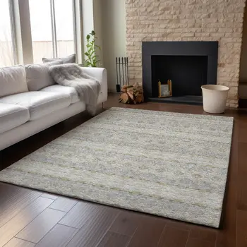 5' X 8' Silver Beige And Ivory Floral Medallion Washable Area Rug With UV Protection