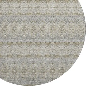 8' Silver Beige And Ivory Floral Medallion Washable Round Rug With UV Protection