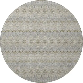 8' Silver Beige And Ivory Floral Medallion Washable Round Rug With UV Protection