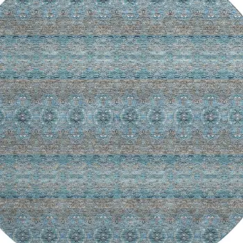 8' Teal Gray And Ivory Floral Medallion Washable Round Rug With UV Protection