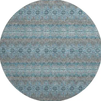 8' Teal Gray And Ivory Floral Medallion Washable Round Rug With UV Protection