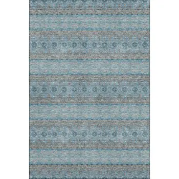 10' X 14' Teal Gray And Ivory Floral Medallion Washable Area Rug With UV Protection