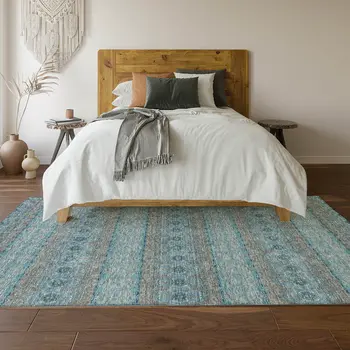 10' X 14' Teal Gray And Ivory Floral Medallion Washable Area Rug With UV Protection
