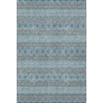10' X 14' Teal Gray And Ivory Floral Medallion Washable Area Rug With UV Protection