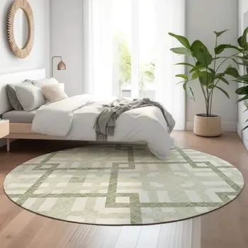 8' Artichoke Green And Ivory Geometric Washable Round Rug With UV Protection