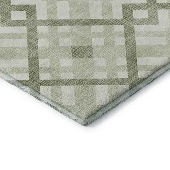 8' Artichoke Green And Ivory Geometric Washable Round Rug With UV Protection