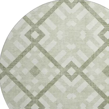 8' Artichoke Green And Ivory Geometric Washable Round Rug With UV Protection
