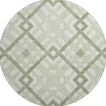 8' Artichoke Green And Ivory Geometric Washable Round Rug With UV Protection