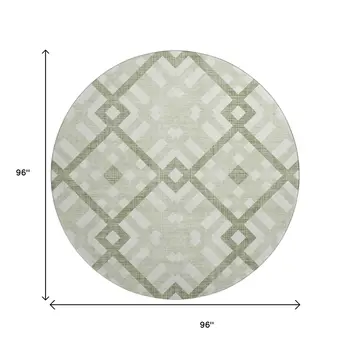 8' Artichoke Green And Ivory Geometric Washable Round Rug With UV Protection