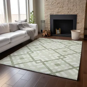 8' X 10' Artichoke Green And Ivory Geometric Washable Area Rug With UV Protection