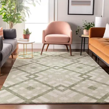 9' X 12' Artichoke Green And Ivory Geometric Washable Area Rug With UV Protection