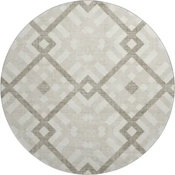 8' Beige And Ivory Geometric Washable Round Rug With UV Protection