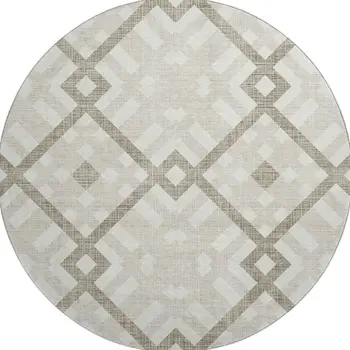 8' Beige And Ivory Geometric Washable Round Rug With UV Protection