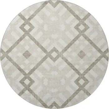 8' Beige And Ivory Geometric Washable Round Rug With UV Protection