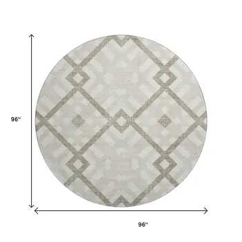 8' Beige And Ivory Geometric Washable Round Rug With UV Protection