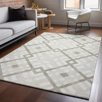 10' X 14' Beige And Ivory Geometric Washable Area Rug With UV Protection