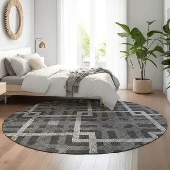 8' Charcoal And Ivory Geometric Washable Round Rug With UV Protection