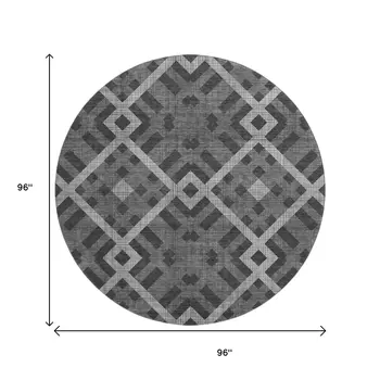 8' Charcoal And Ivory Geometric Washable Round Rug With UV Protection
