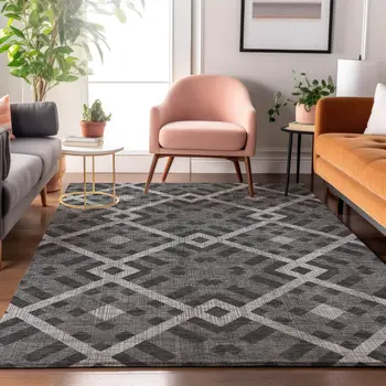 8' X 10' Charcoal And Ivory Geometric Washable Area Rug With UV Protection