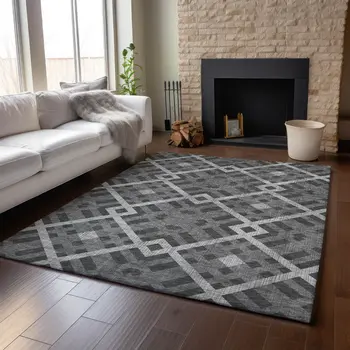 8' X 10' Charcoal And Ivory Geometric Washable Area Rug With UV Protection