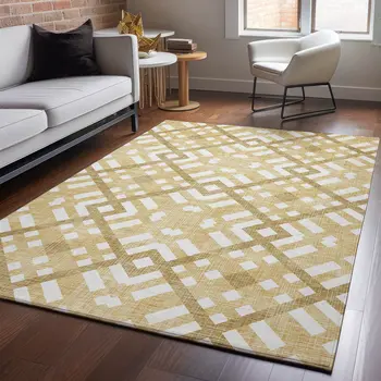 10' X 14' Gold And Ivory Geometric Washable Area Rug With UV Protection