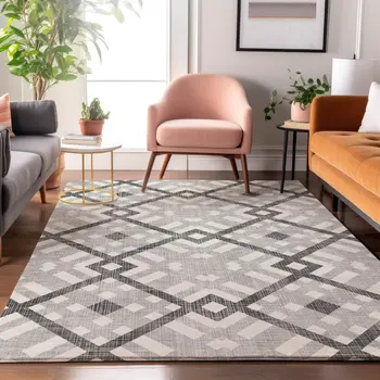 3' X 5' Gray And Ivory Geometric Washable Area Rug With UV Protection