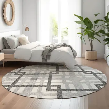 8' Gray And Ivory Geometric Washable Round Rug With UV Protection