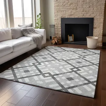 10' X 14' Gray And Ivory Geometric Washable Area Rug With UV Protection