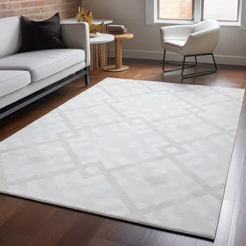 10' X 14' Ivory And Beige Geometric Washable Area Rug With UV Protection