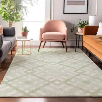 3' X 5' Mint Green And Ivory Geometric Washable Area Rug With UV Protection