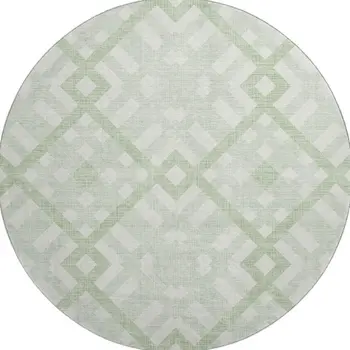8' Mint Green And Ivory Geometric Washable Round Rug With UV Protection