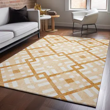 5' X 8' Peach And Ivory Geometric Washable Area Rug With UV Protection