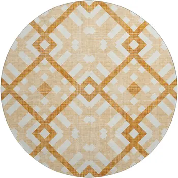 8' Peach And Ivory Geometric Washable Round Rug With UV Protection